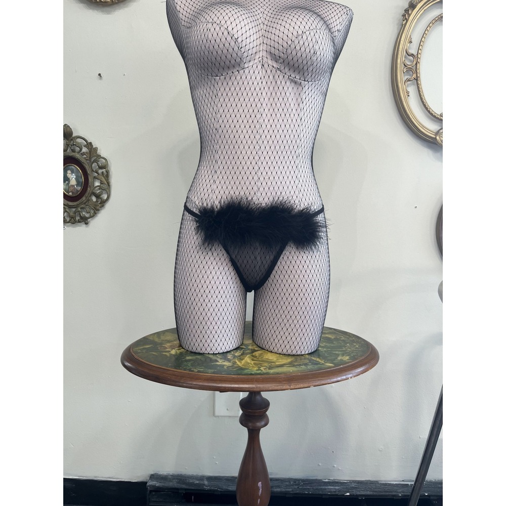 Vintage Y2K Black Sheer Mesh Marabou Feather Trim Thong G-String Lingerie